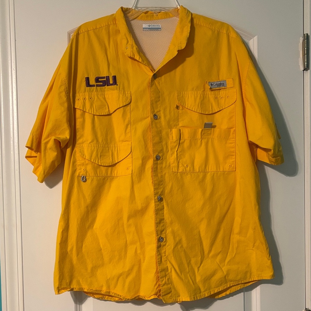 Columbia Yellow LSU Casual Button Down Fishing Shirt